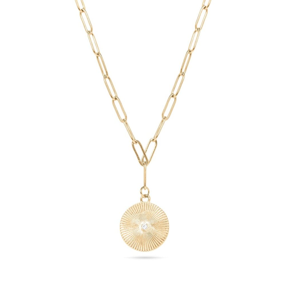 #076 18K Gold Plated SS Sunburst Medallion CZ Paperclip Necklace